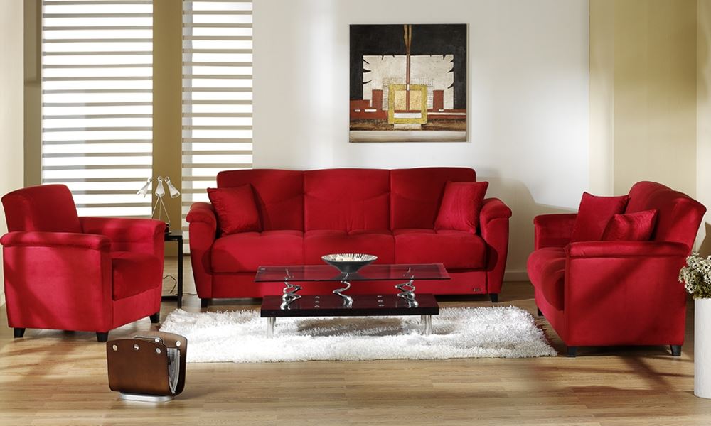 Красный диван и кресла - фото