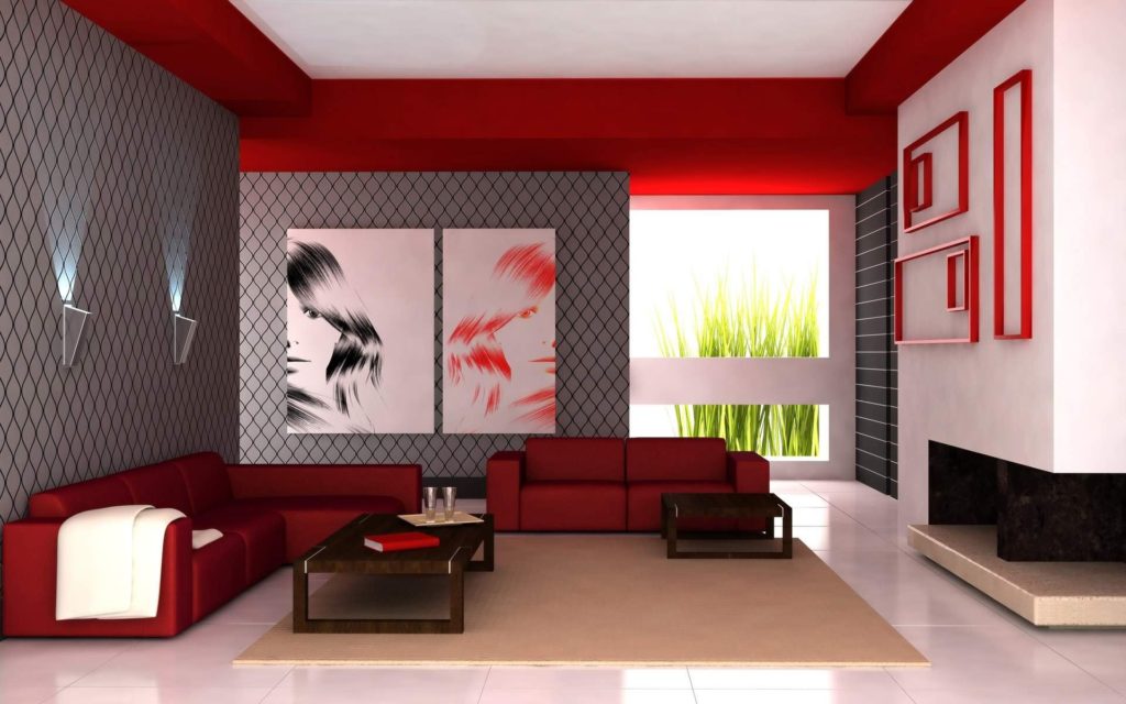 Дизайн комнаты с двумя красными диванами