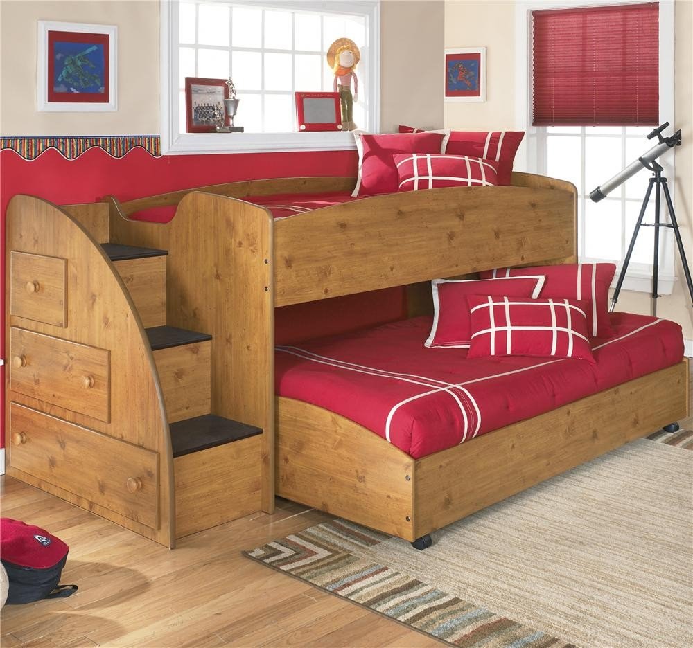Двухъярусная выдвижная кровать со ступеньками и шкафчиками для двоих детей