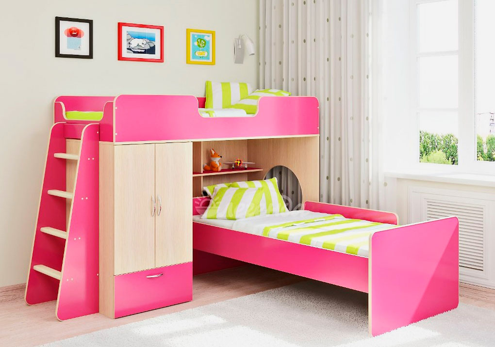 Фото розовой двухэтажной кровати для девочек