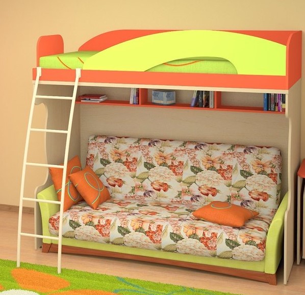 Кровать чердак в детской комнате с прямым диваном в тканевой обивке под ней