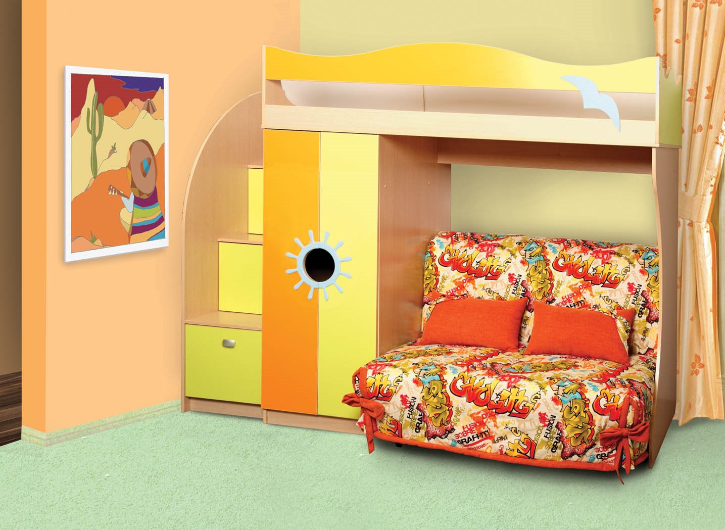 Детская мебель двухъярусная кровать с диваном