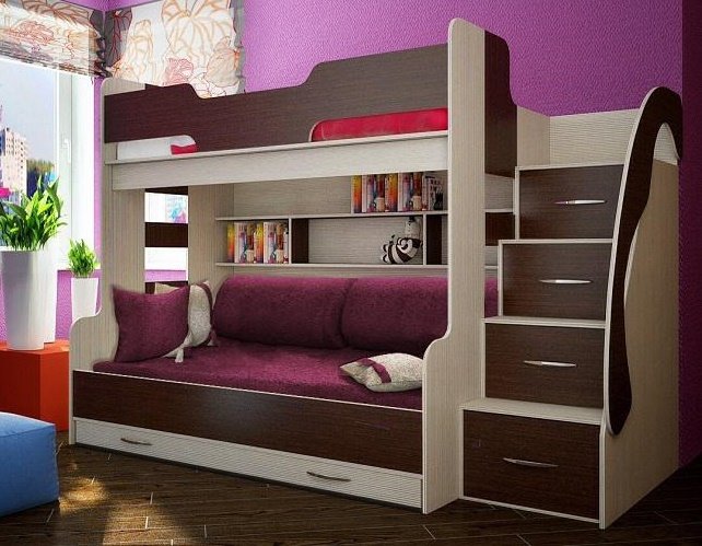 Двухъярусная кровать для детей с диваном внизу (26)