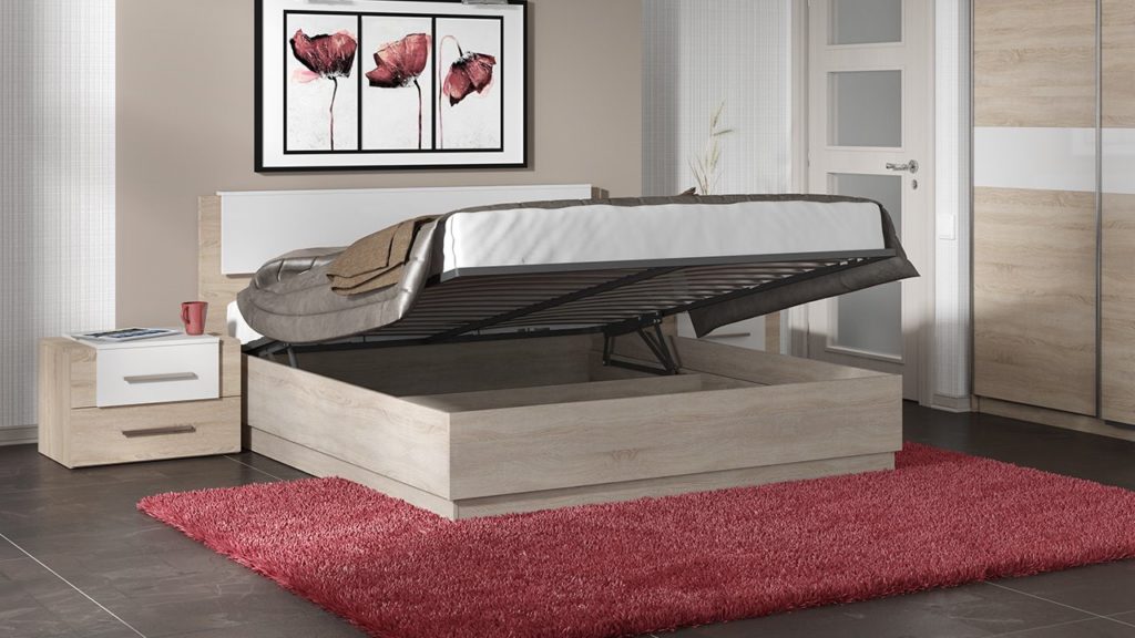 Фото двуспальной кровати с подъёмным основанием и нишей для хранения под ним