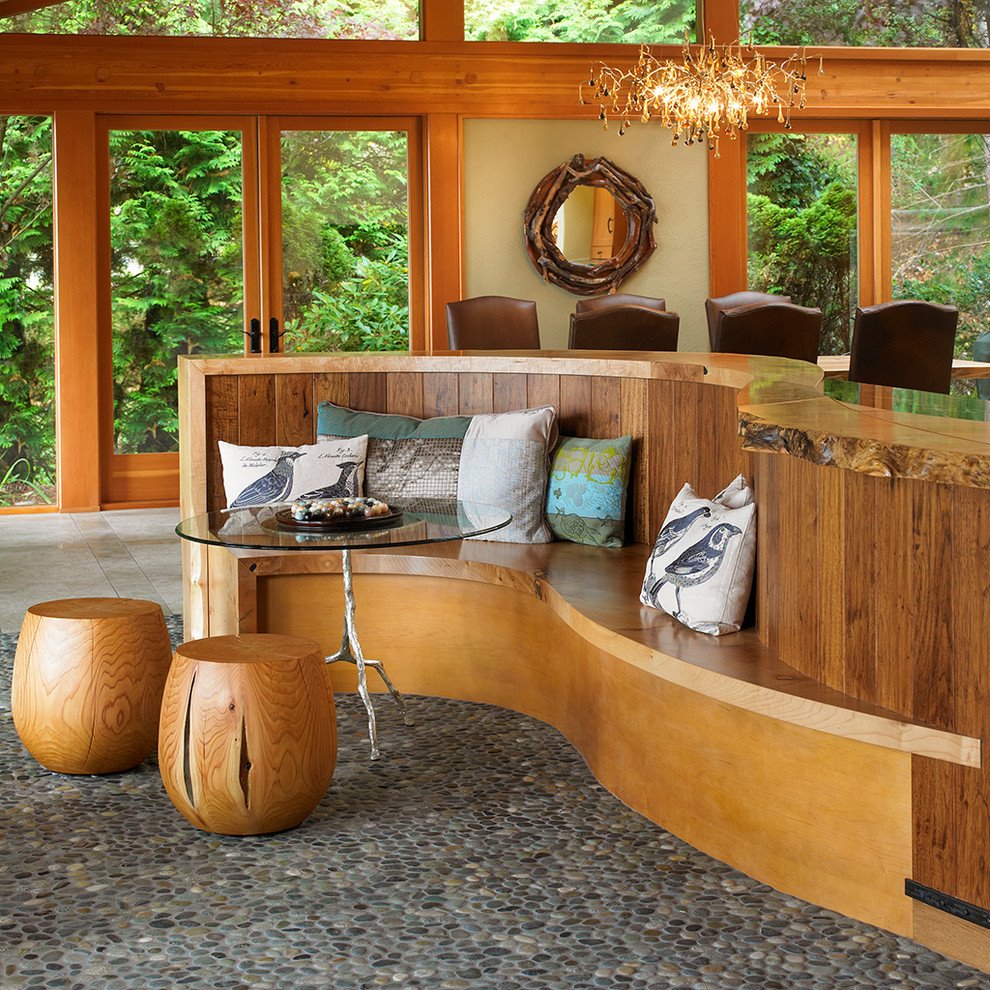 Фото волнообразного жесткого дивана встроенного в кухонный остров