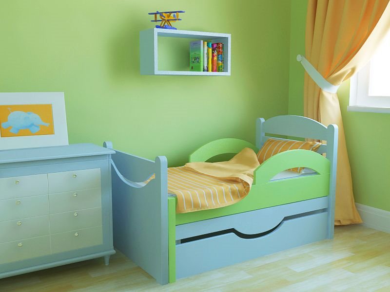 Фото голубой комбинированной детской раздвижной кровати