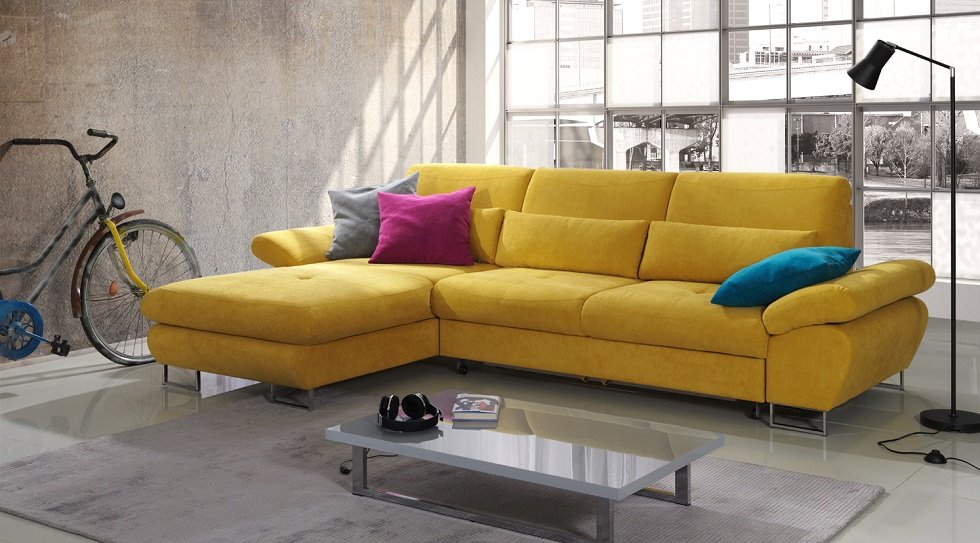 Желтый угловой диван для ежедневного сна с механизмом "Дельфин"