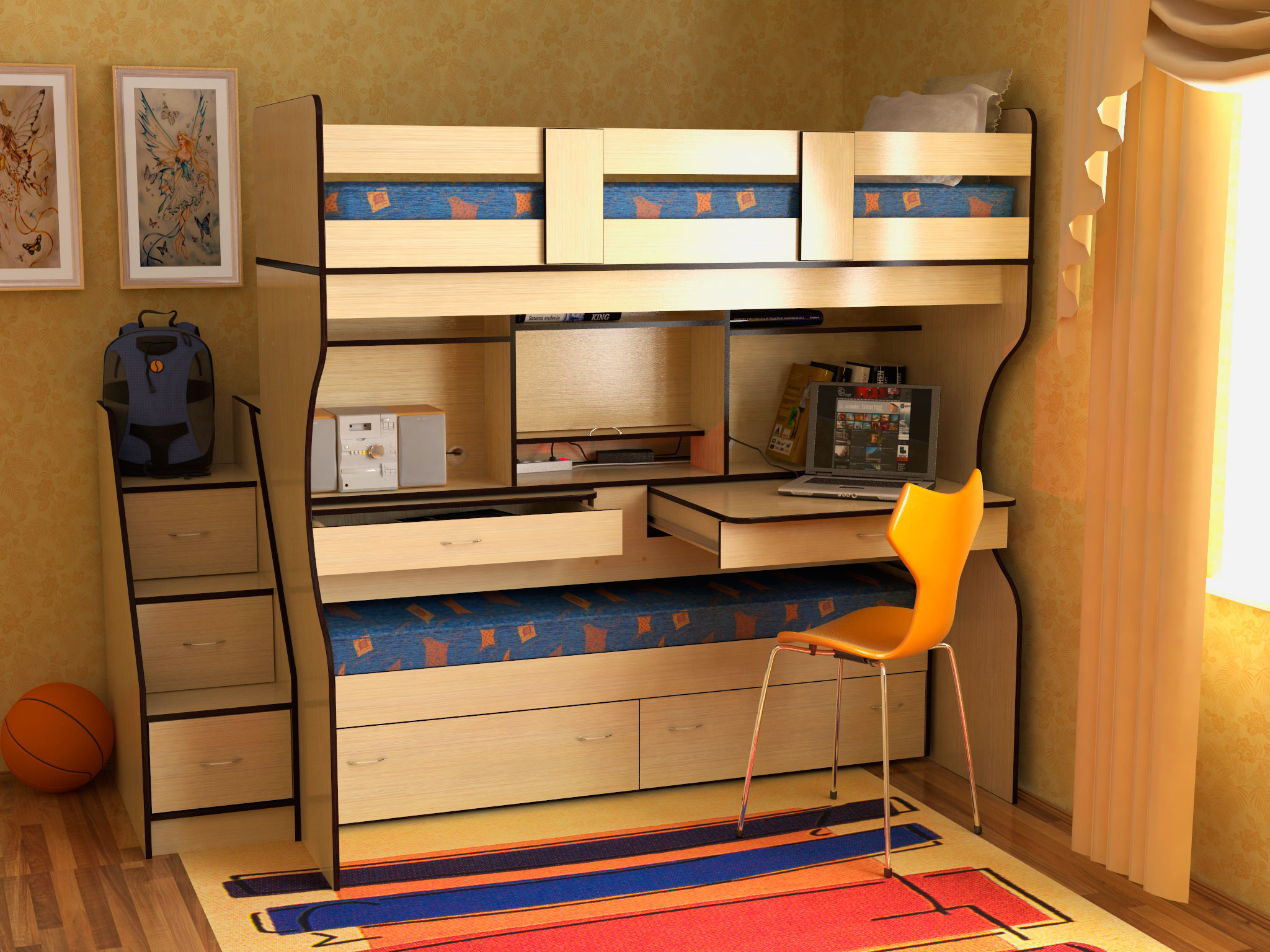 Двухъярусная кровать для детей со столом и шкафом для двоих