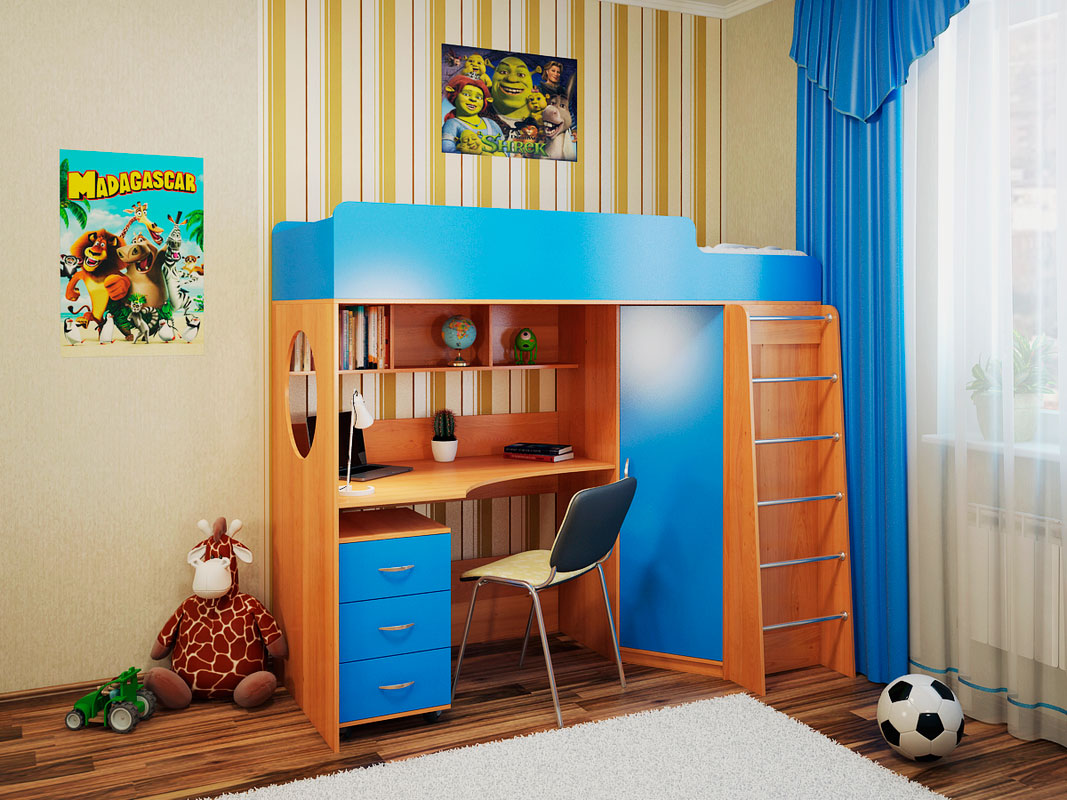 Детские кровати со столом и шкафом для маленькой спальни