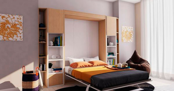 Откидная двуспальная кровать 2 в 1 в интерьере комнаты