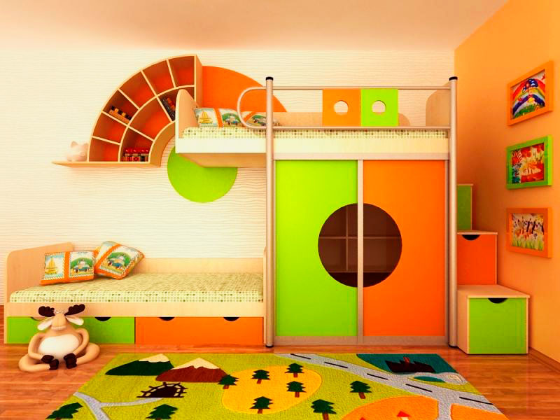 Детская двухъярусная кровать со встроенным шкафом-купе с яркими фасадами