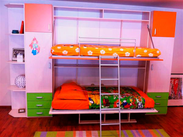 Детская двухъярусная кровать-трансформер в шкаф