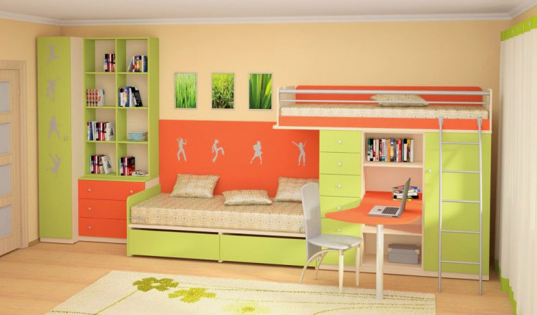 Фото детской комнаты с двухъярусной кроватью совмещенной со столом
