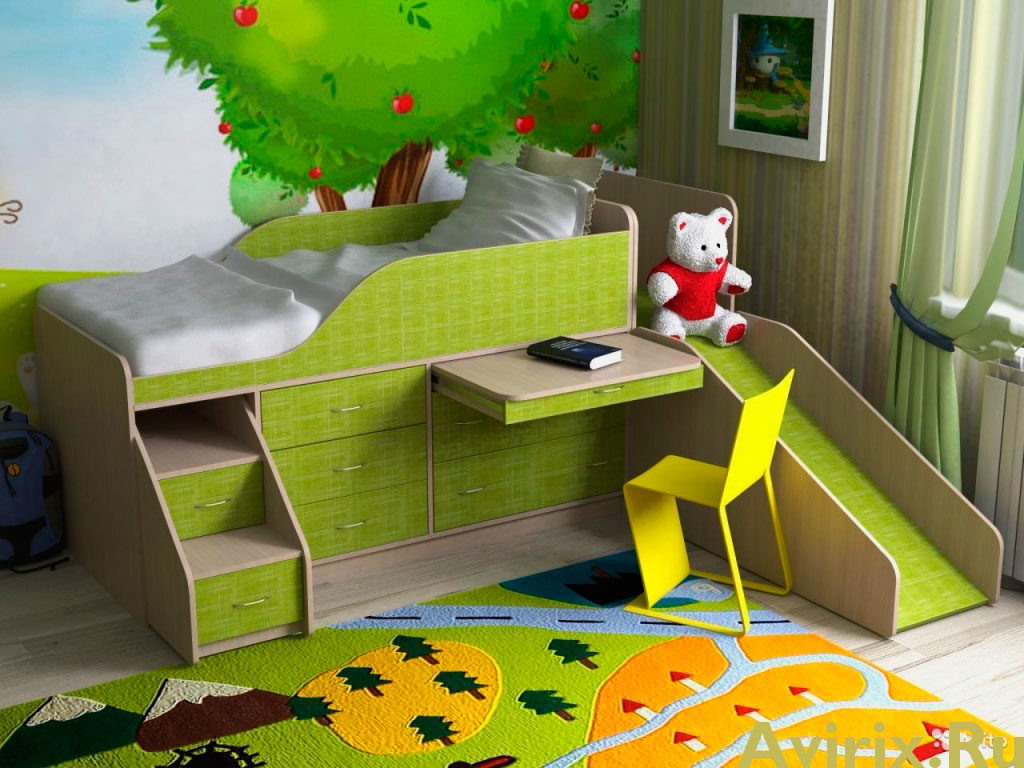 Детская кровать с ящиками и выдвижным столом и приставной горкой