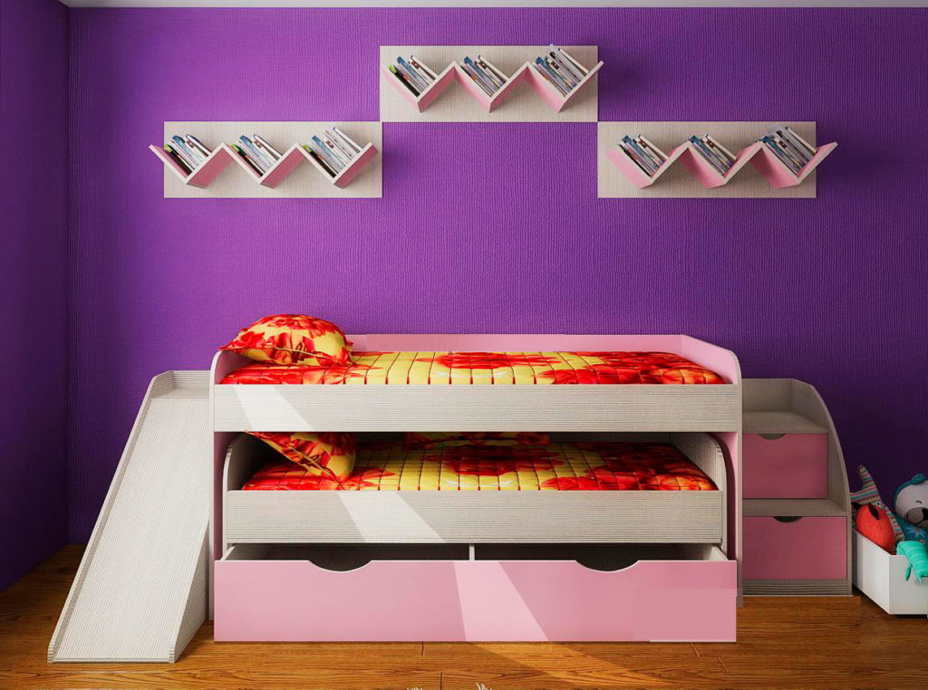 Фото двухъярусной выкатной кровати матрешки для девочек со встроенным ящиком для хранения вещей