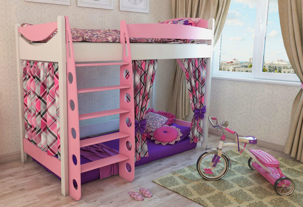 Розовая кровать-чердак в интерьере комнаты юной дамы