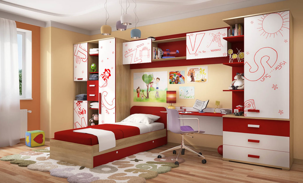 Фото детской комнаты с мебельным комплексом из распашных шкафов, стола и кровати