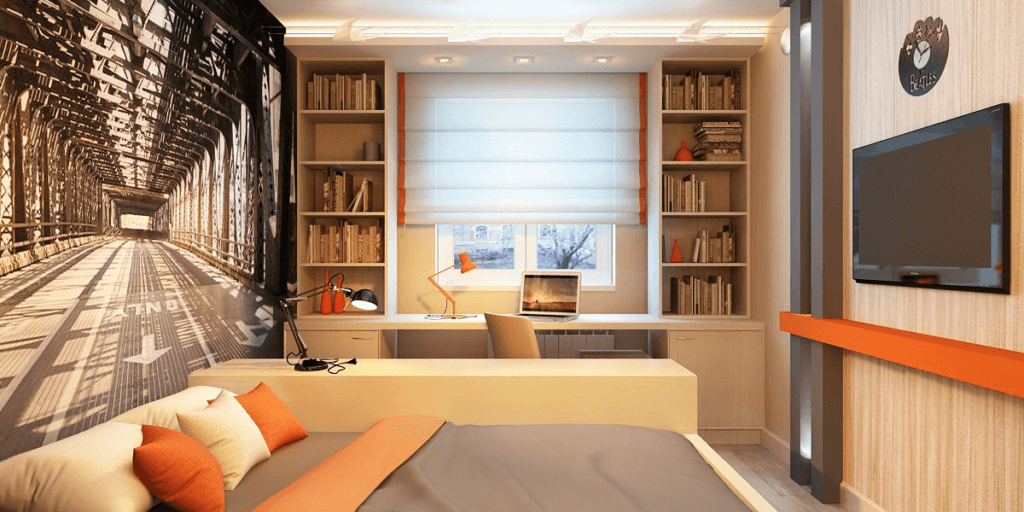 Комната подростка с двуспальной кроватью и книжными шкафами пеналами по бокам от стола