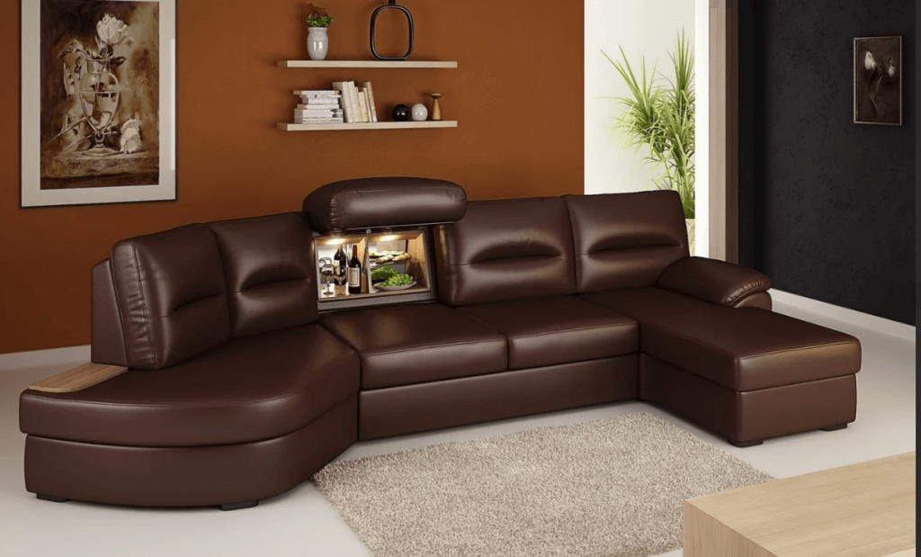 Дизайнерский угловой диван с подсветкой и барным модулем